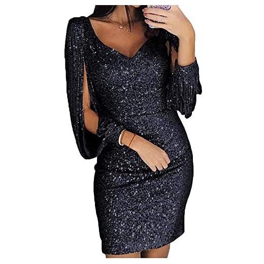 ORANDESIGNE Robe Femme Sexy Slim Couleur Unie Robe Soirée Manches Longues à Franges Robe Cocktail Col V Robe Moulante à Paillettes Noir FR 40
