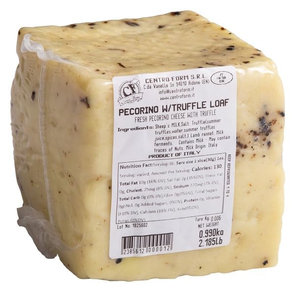 Pecorino Cheese with Black Truffle Pieces Loaf – Approx. 2 lb – Italian Sheep’s Milk Cheese – Product of Italy –