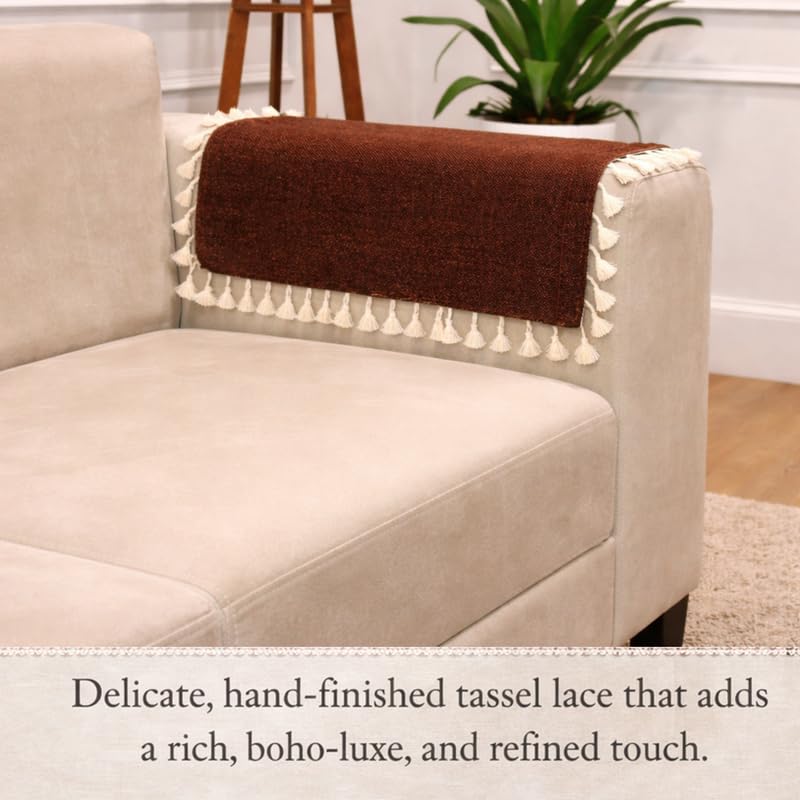 Image of STITCHNEST Jute Sofa Arm Cover with Tassels | Elegant Textured Hand Rest Protector | Durable & Long-Lasting | 18 x 22 Inches