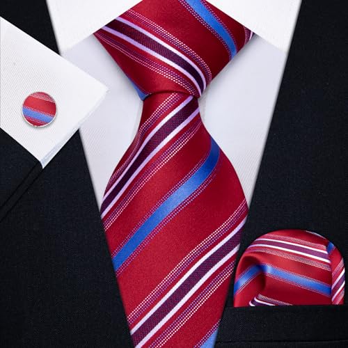 Image of YourTies Burgundy Ties for Men Striped Tie Woven Silk Necktie Handkerchief Cufflinks Set Formal Business Party Wedding