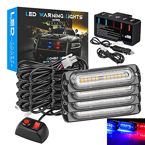 Aubeamto 4 Pods Led Emergency Strobe Lights Kit, 12Leds Safety Warning Hazard Flashing Lights W/Control Box And Cigarette Lighter For Off-Road Truck Suv Atv Car Vehicle Surface Mount (Red+Blue) #TOP22