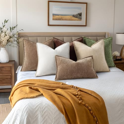 Image of decorUhome Fall Chenille Soft Cozy Throw Pillow Covers 18x18 Set of 2, Modern Farmhouse Boho Velvet Decorative Pillow Cases with Stitched Edge for Couch Sofa Bed Home Decor, Chocolate