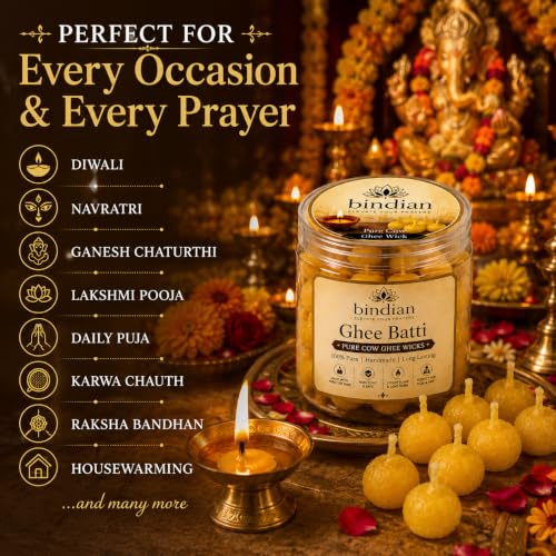 Image of Bindian Pure Cow Ghee Batti for Puja Pack of 100 | Ready to Use Handmade Cotton Ghee Wicks | Long Burning Diya Batti for Daily Puja, Aarti, Mandir, Temple, Diwali & Festivals | 100% Pure Cow Ghee, Smokeless & Non-Toxic, Steady Flame, Cotton Wick, For Puja & Aarti