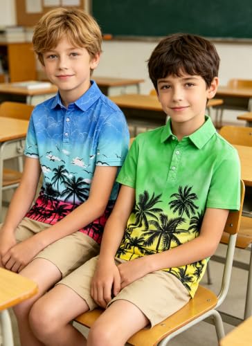 Kids4ever 2 Pack Boys Short Sleeve Polo Shirt Hawaiian Print Golf Casual Collared Shirts Funny Holiday Clothes Blue Green Palm Tree Outfoors Tops 13-14 Years — view 3