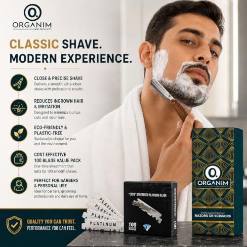 Image of ORGANIM Professional Wood Ustra for Men with 100 Blades Pack (100 Days Shaving Value Pack) - Stainless Steel Straight Razor for Barber Shaving, Salon Style Manual Shave Ustra with Premium Wooden Handle