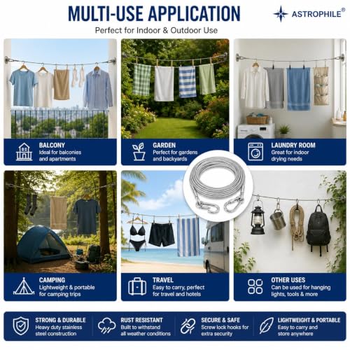 Image of Heavy Duty Clothes Drying Rope 5 Meter with Hooks | Strong Steel Clothesline for Balcony, Bathroom, Travel & Camping | Rust-Resistant Durable Cloth Line for Indoor & Outdoor Use (Silver), free