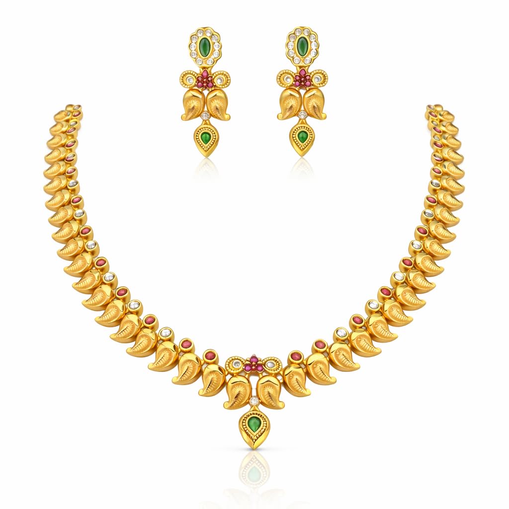 Temple Style Mango Necklace Set with Earrings – Festival Wear Jewellery (Green, Red & White, Short Set)