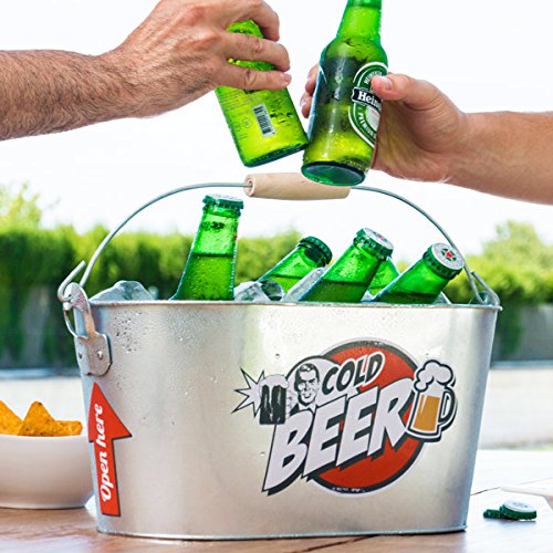 Out of the blue ovaler Metalleimer, Cold Beer, mit Holzhenkel und Griff, 2 Flaschenöffner INKL., ca. 26 x 13 cm, Silber, 26 x 13 x 4 cm