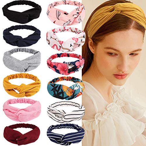 Didder 12 Pack Headbands for Women, Elastic Boho Headwraps for Women Floal Style Criss Cross Hair Vintage Flower Printed Head Wrap