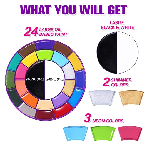 Bobisuka Face Paint Kit, 24 Colors Rotation Body Face Painting Palette - 2 Larger White Black,3 Neon,2 Shimmer,17 Classic Colors, Halloween Easter Face Painting Kit For Kids And Adults #TOP1