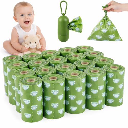 SKY-TOUCH Disposable Baby Diaper Bag Biodegradable for Poop Waste Pick Up for Travel Camping Outdoor with Trash Bag Dispenser Green 300 Count
