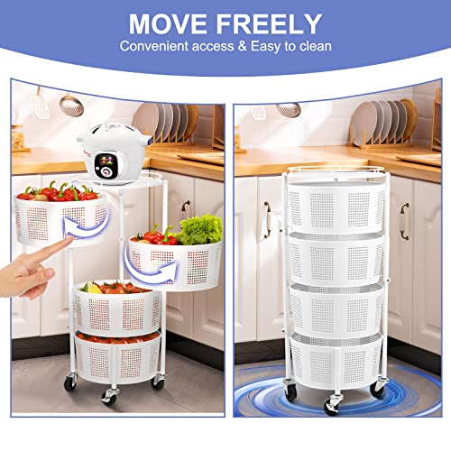 Glocalcul Fruit Vegetable Round Baskets Rack, Rolling Rotating Storage Shelf, Easy Install Metal Baskets With Wheels, Standing Storage Cart Organizer For Kitchen, Bathroom, Living Room(White, 4 Tier) #TOP1
