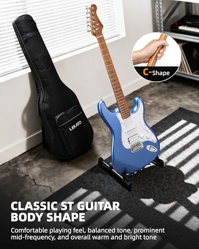 Image of LEKATO Electric Guitar Kit Beginner 39 Inch Full Size Solid Body Guitar HSS for Starter Roasted Maple Neck Fretboard Stainless Steel Frets, 5W Mini Amp, Bag, Tuner, Capo, Strap, String, Picks- Blue