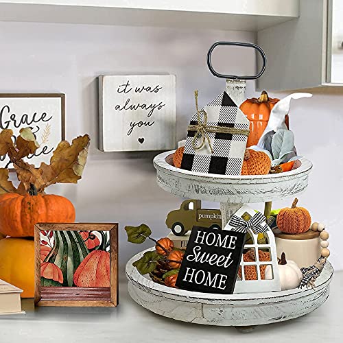 Farmhouse Decor, Two Tiered Tray White With 3 Wood Cute Signs, Wooden Rustic Modern Decorations Items For Home Kitchen Shelf Coffee Bar Table #TOP5