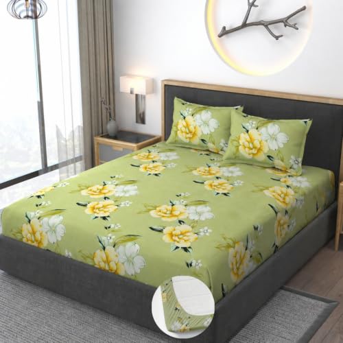 Image of Vaini Premium Heavy Cotton Elastic Fitted Bedsheets with 2 King Size Pillow Covers || Double Bed with All Around Elastic 350 (Light Green Flower, 72x72 Inch King Fitted)