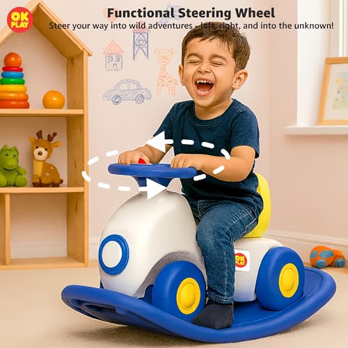 Image of OK PLAY 3-in-1 Ride-On Car for Kids | Rocker, Ride & Balance Board | Push Ride-On with Steering & Horn | Convertible Indoor Outdoor Toy | 18+ Months (Multicolor)