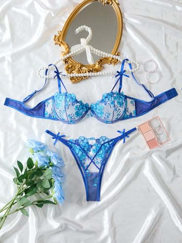 Image of Lilosy Sexy Underwire Cute Push Up Strappy Embroidered Mesh Sheer Lingerie Set See Through Panty Bra