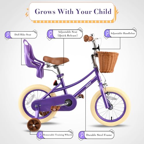 Image of RULLY Donna Kids Bike for Girls Ages 2-7 Years, 12 14 16 Inch Princess Girls Bicycle with Doll Bike Seat, Training Wheels, Basket and Streamers, Kids Cycle Bikes, Multiple Colors | with Doll Bike Seat, Training Wheels, Basket, Streamers, Kids Cycle Bikes