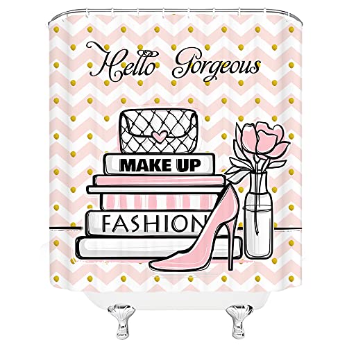 Ccxtcz High Heels Shower Curtain Pink Zigzag Geometric Striped Perfume Bottle Magazine Books Cosmetics Fashion Beautiful Romanticpolyester Bathroom Decorative Curtain With Hook,Blue #TOP3