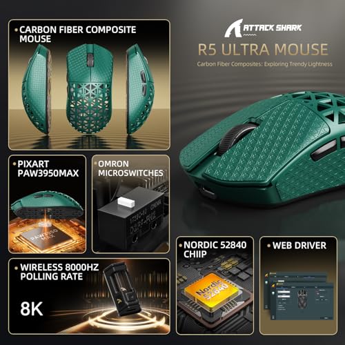 Image of ATTACK SHARK R5 Ultra Wireless Gaming Mouse,Carbon Fiber Shell 39g Superlight,PAW3950MAX Nordic 52840 MCU 8K Polling 42K DPI Optical Sensor,BT /2.4G /USB-C Wired Mice with Coiled Cable-Green&Griptape