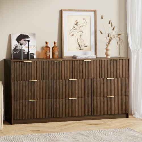 Image of Furniway Walnut 10 Drawer Dresser for Bedroom, 63 inch Wide Fluted Wood Dresser