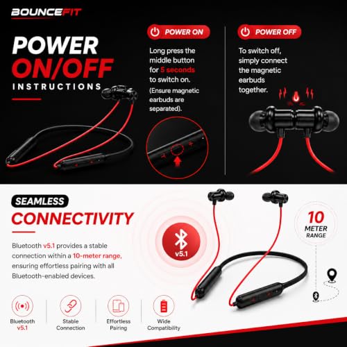 Image of Bouncefit Bluetooth Wireless Mangentic On /Off Neckband, 40 Hours Battery, Fast Charge, IPX7, Low Latency, in Ear Bluetooth Neckband with Mic Earphones (Black) CC