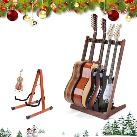 Musbeat Cello Stand, A-Frame Cello Stand with Bow Holder for Cello Display, Guitar Stand for Multiple Guitars, Hardwood Multi Guitar Stand (3 Acoustic Guitar, 5 Electric or Bass) Cover