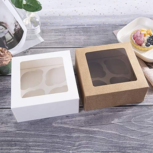 [15pcs]Kraft Paper Cupcake Boxes,Valentines Day Cookie Gift Boxes with Clear Window, Cupcake Containers Carriers Bakery Cake Box with Insert 4 Cavity (Brown,15)