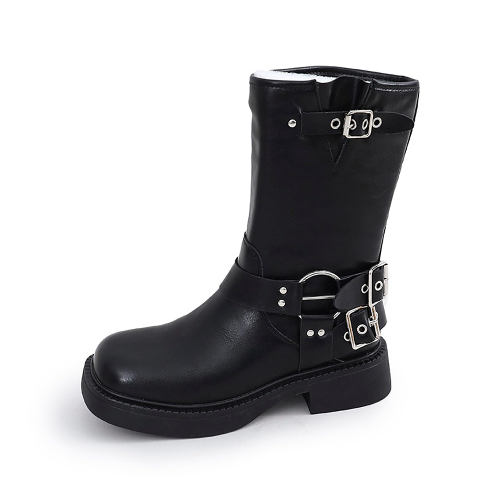 Womens Fashionable Belt Buckle Ankle Boots Casual Slip-On Low Heel Square Toe Thick Bottom Mid-Tube Equestrian Combat Boots