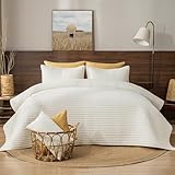 PHF 100% Washed Cotton Waffle Quilt Set Queen Size(90'x90')-Lightweight with Striped Channel, Cozy Quilted Bedspread Set, Home Decor, 1 Soft Coverlet with 2 Matching Shams, Cream