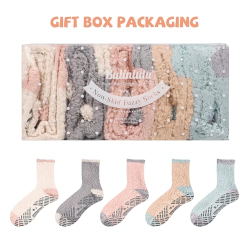 Image of Bulinlulu Fuzzy Socks With Grips for Women, 5 Pairs Non Slip Sleep Warm Fluffy Slipper Socks Gifts for Women