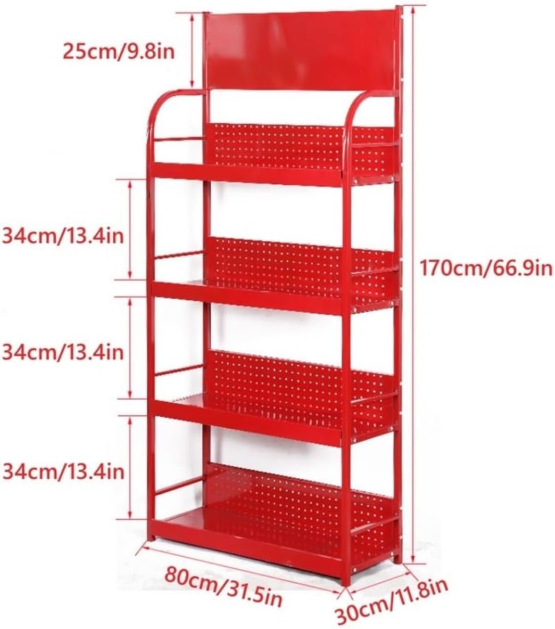 Metal Supermarket Retail Display Racks, Retail Display Shelf for Car, Beauty, Store, 4 Tier Commercial Floor-Standing Snack Stand with Anti-Fall Guardrail(Red)