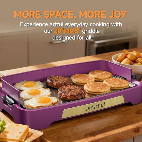 Image of Cleansnap Everyday Electric Griddle, Great Gift for Family Feasts - 20 inch Nonstick Grill with Foldable Anti-Mess Shield, Rapid 1700W Heat & PPG Ceramic Coating, Dishwasher Safe, Twilight Purple