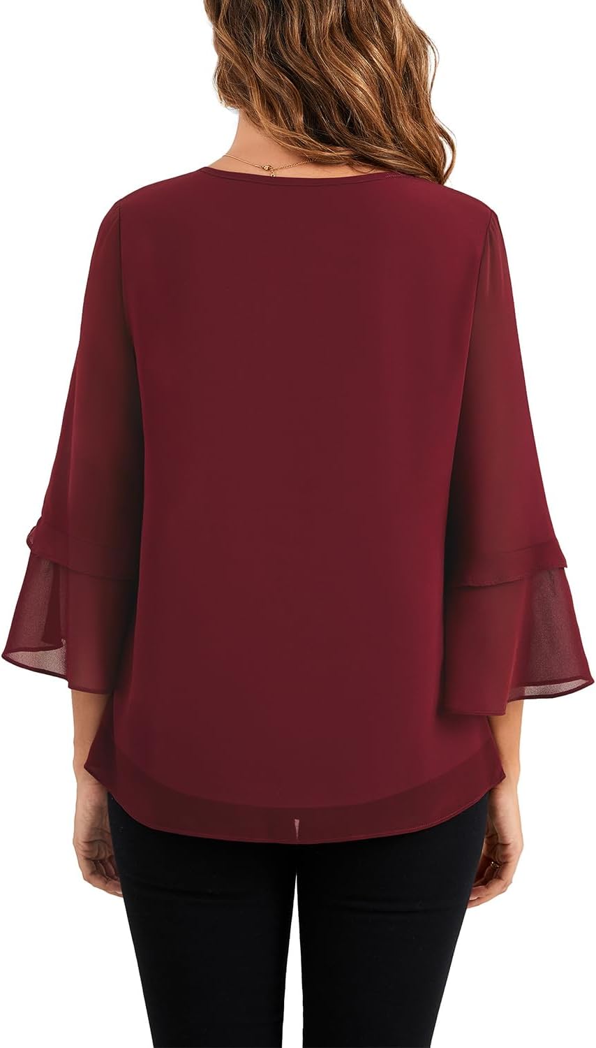 Neineiwu Womens Tops Dressy Casual Tiered Ruffle 3/4 Sleeve V Neck Chiffon Double Layers Blouse 2025 Fashion - Image 5