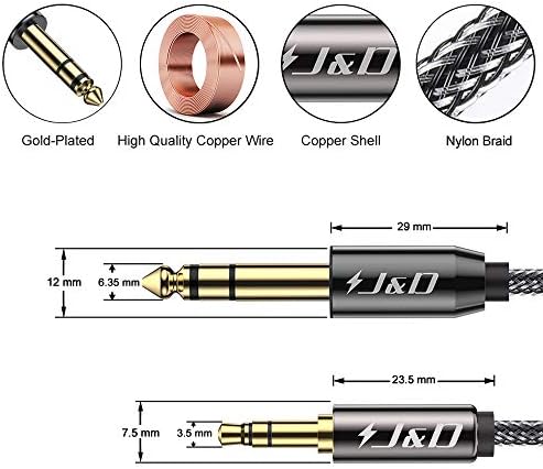 J&D 3.5mm to 6.35mm Stereo Audio Cable, Gold Plated 3.5mm 1/8 inch Male TRS to 6.35mm 1/4 inch Male TRS Copper Shell Cable with Zinc Alloy Housing, Nylon Braid Compatible for iPhone, Amplifiers