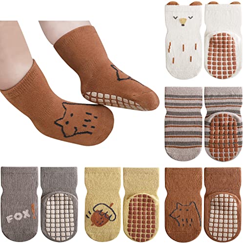 Adorel Meias antiderrapantes com sola de borracha sapatos para bebé pack de 5, Fantasia de animais, 1-3 años