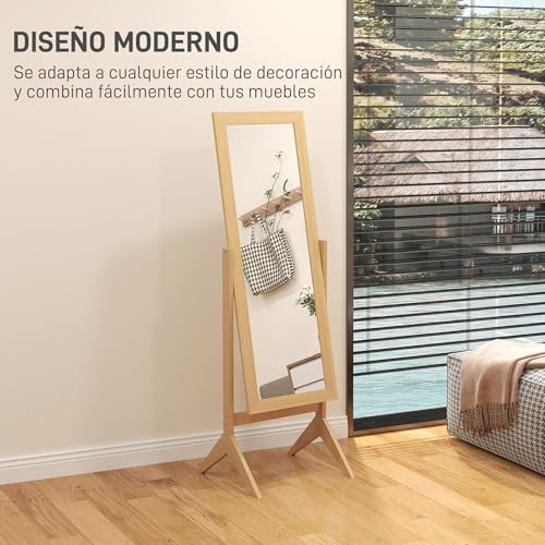 HOMCOM Espejo de Pie Cuerpo Entero Reclinable 47x46x148 cm, Espejo de Cuerpo Entero Independiente con Soporte y Marco Rectangular, para Dormitorio, Salón, Roble - imagen 4