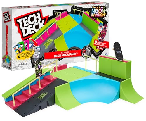 Tech Deck Neon Skate Park Dedos - Neon Mega Park X-Connect Creator - Juego de Rampas de Skate Personalizable Que Brilla en la Oscuridad con 2 Fingerboards - Juguetes Niños 6 Años +