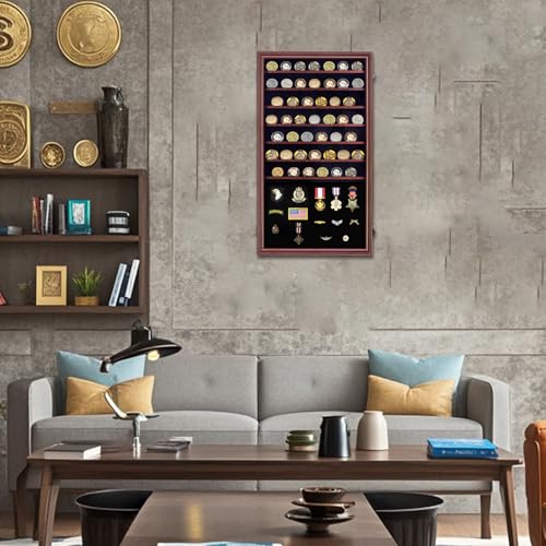 Image of Jinchuan Military Challenge Coin Display Case Lockable Cabinet Shadow Box with Removable 2 Grooves Shelves and Anti-Fade Acrylic Glass for Casino Poker Chips Collectibles, Extra Large - Mahogany