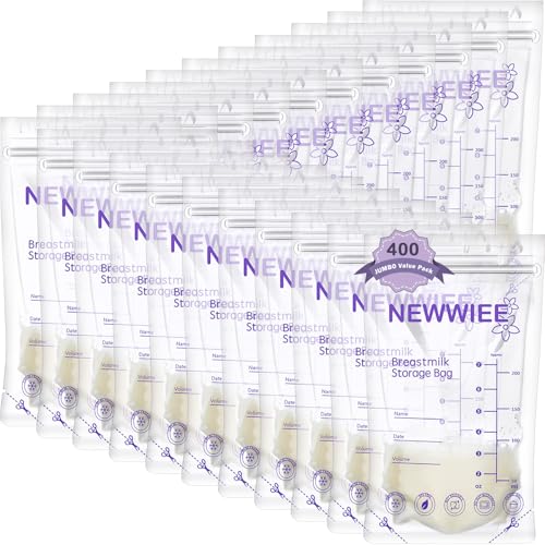 Image of Newwiee 400 Count Breastmilk Storage Bags 7 oz Leak Proof Double Zipper Seal Breast Milk Storing Bags Self Standing Breast Milk Storage Containers for Breastfeeding Refrigerator or Freezer
