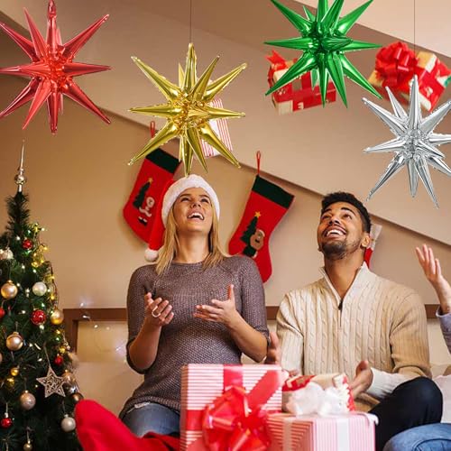 Image of TONIFUL 4 Pcs Star Balloons Red Green Gold Silver Explosion Foil Balloon | 22 Inch Large Mylar Star Balloon for Christmas Party Decorations New Year Birthday Wedding Baby Shower Photo Booth Supplies