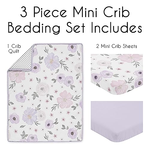 Image of Sweet Jojo Designs Lavender Purple Boho Floral Girl Baby Mini Crib Bedding Set Infant Nursery Room Newborn Blanket Portable Pack n Play Sheets 3pc Pink Grey Bohemian Farmhouse Shabby Chic Watercolor