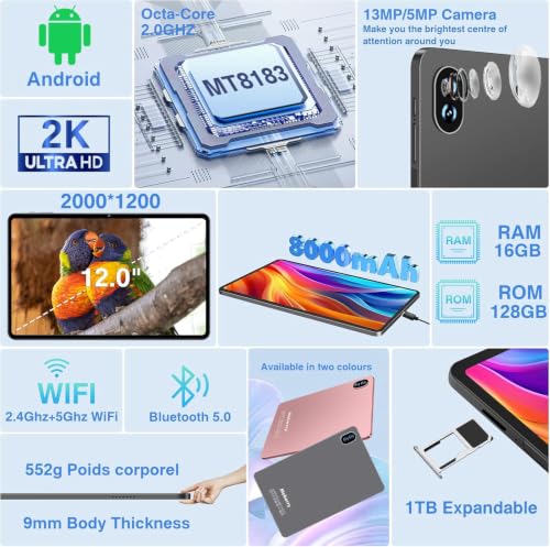 Image of Tablet 12-inch 2K, 16GB RAM + 128GB ROM (1TB TF) Octa-Core | 8000 mAh | 2000 x 1200 Pixels | 5MP + 13MP + 2MP | Bluetooth 5.0 |5G WiFi, Brown Tablet