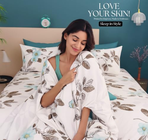 Image of SANMARINO 210TC Cotton King Size Bedsheet with 2 Pillow Covers | Premium Floral Print Design Flatsheet |Ultra Soft Breathable Skin Friendly Bedding Set for All Season Use 90 x 100 Inch,Aqua Grey