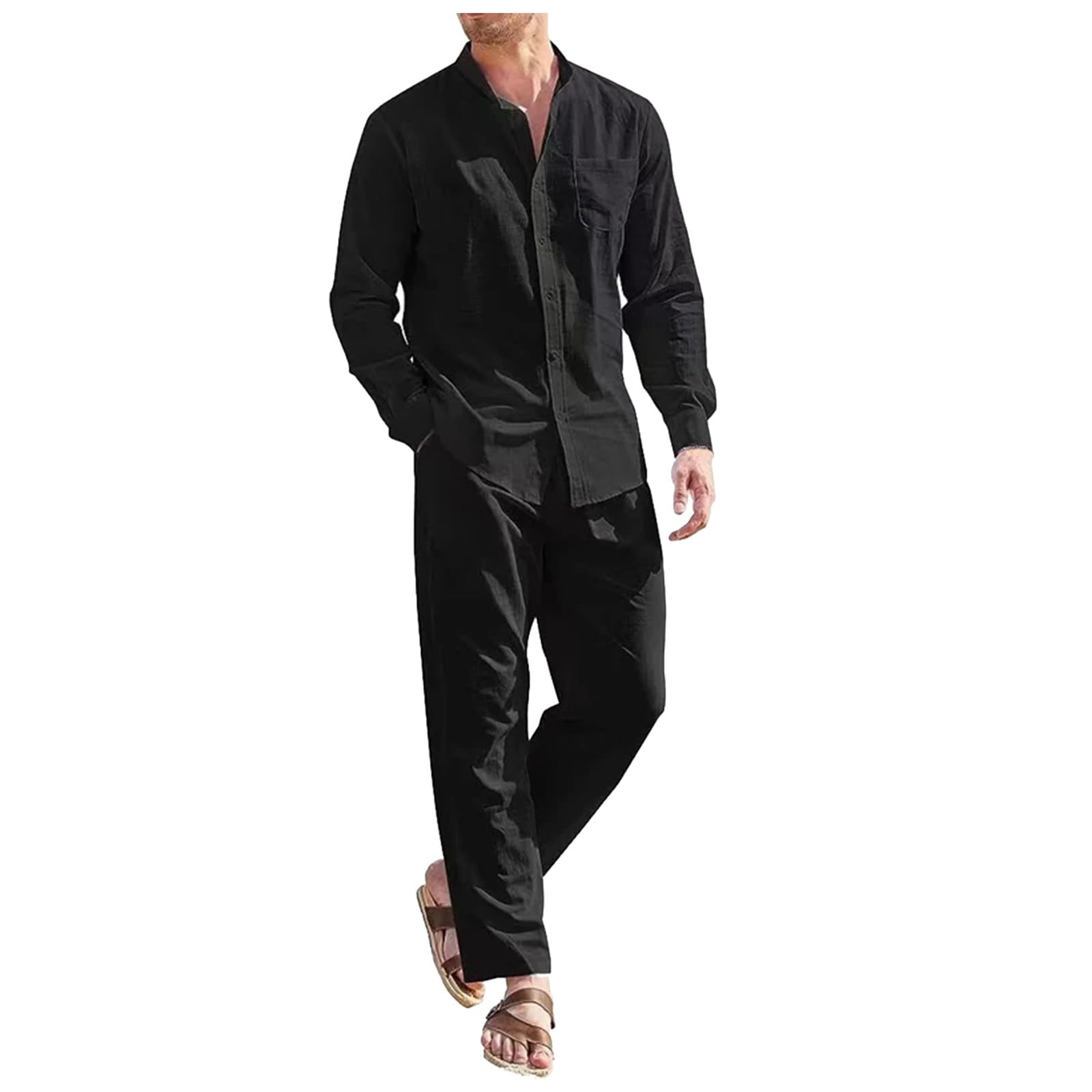 Vestito estivo da uomo, lungo, in cotone, lino, con bottoni, in mussola e pantaloni da spiaggia, traspirante, per il tempo libero, comodo, da jogging, tuta sportiva, tinta unita