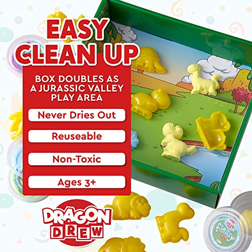 Dragon Drew Kinetic Modeling Clay Sand - 17 Piece Flossy Play Dough Set – 10 Jurassic Dinosaur Plastic Molds - 6 Colors - Reusable, Moldable, Stretchy, Non Sticky, Non Drying, Silky Smooth