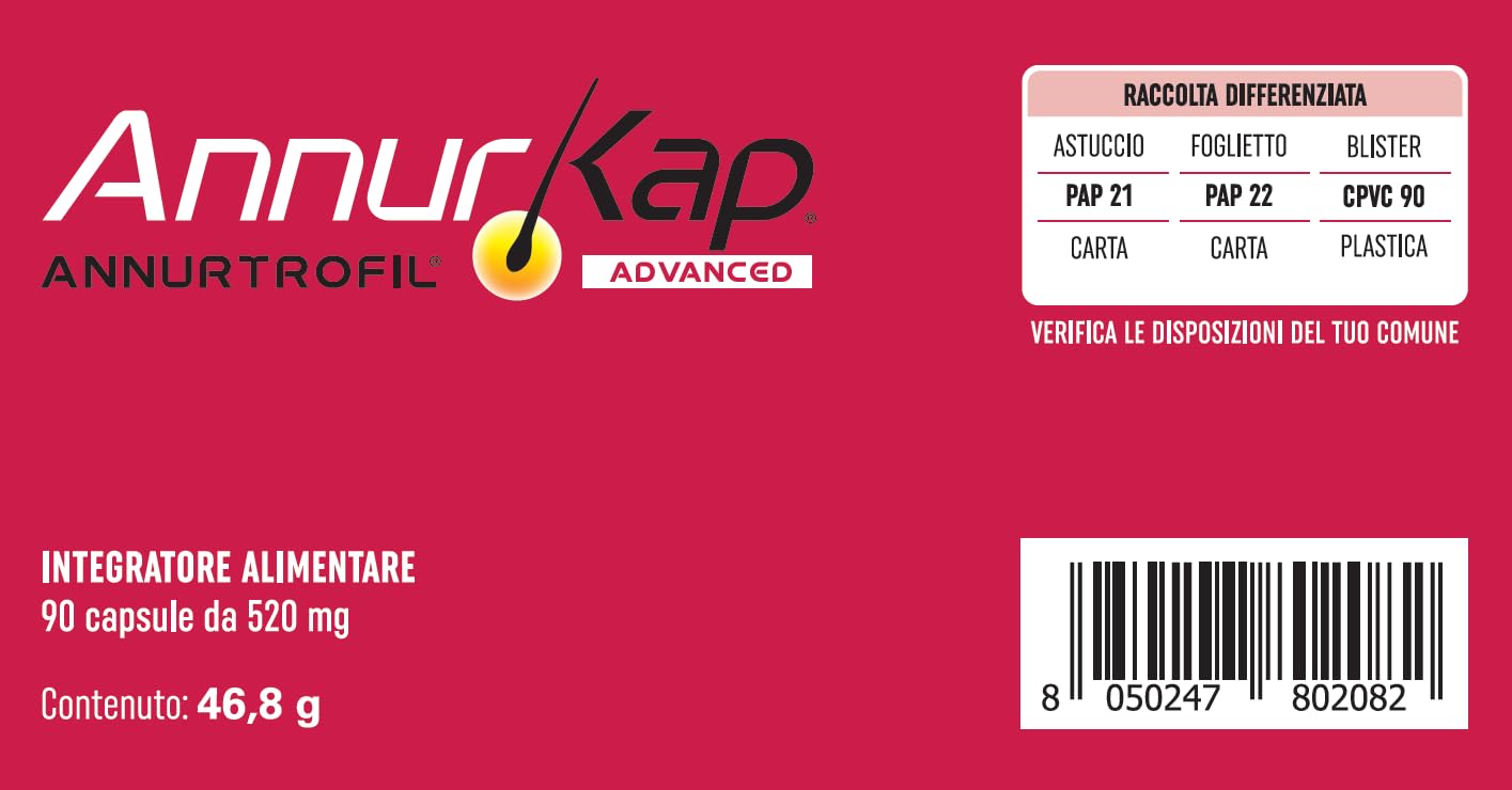AnnurKap ADVANCED Integratore per Capelli | 90 Capsule con Annurtrofil® da Melannurca Campana, Biotina, Zinco, Rame e Selenio | Supporta Capelli Forti, Folti e Vigorosi | Made in Italy