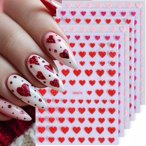 Valentine's Day Nail Stickers for Nail Art 6 Sheets Heart Nail Art Stickers Red Pink Love Nail Decals Self-Adhesive Nail Art Design Holiday DIY Manicure Nail Accessories Supplies for Women Girls