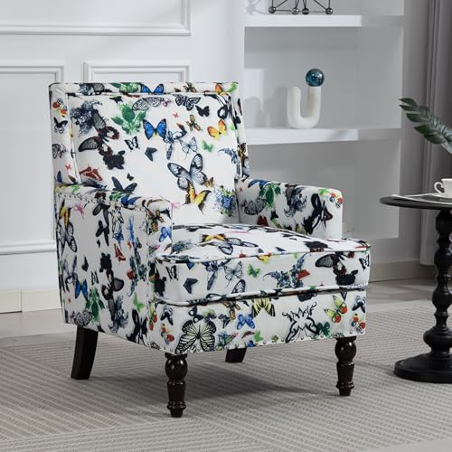 Yogald Vintage Accent Armchair Set of 2, Comfy Upholstered Reading Chair with Nail-Head Trim, Farmhouse Sofa Chair, Coastal Single Corner Chair for Living Room Guest Room(Butterflies)