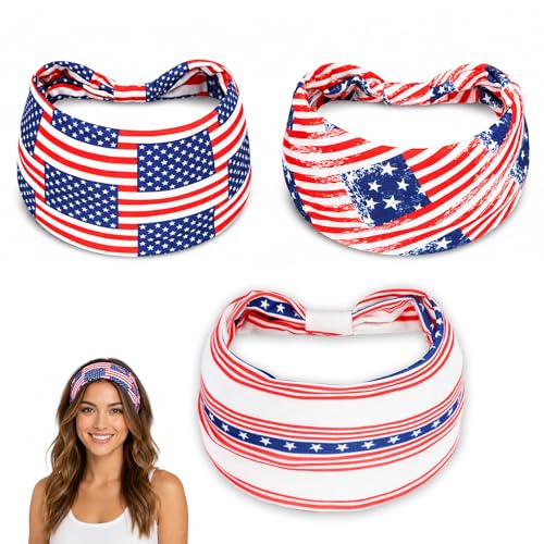 3Pcs 4th of July Headbands for Men Women American Flag Hairband USA Red White Blue Non-Slip Stretchy Sports Headbands for Running Cycling Yoga Fitness Workout